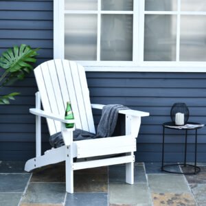Outsunny White Wooden Adirondack Chair for Outdoor Fire Pit - Classic Lounge Design with Cup Holder, Ergonomic Patio Seating | Aosom.com