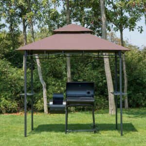 Outsunny 8' Patio BBQ Grill Gazebo Canopy, 2 Tier - Flame Retardant Cover, Large Storage, Stylish Utility for Outdoor Cooking | Aosom.com