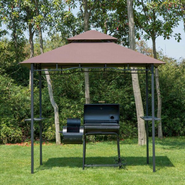 Outsunny 8' Patio BBQ Grill Gazebo Canopy, 2 Tier - Flame Retardant Cover, Large Storage, Stylish Utility for Outdoor Cooking | Aosom.com