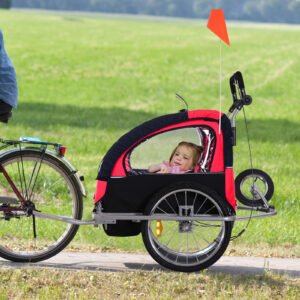 Aosom Elite 360 Swivel Double Child Red Bike Trailer, Secure Two-Wheel Bicycle Cargo Carrier with Safety Harnesses