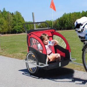 Aosom Elite Red 3-Wheel Bicycle Trailer for Kids, Safe Two-Child Carrier with Ample Storage & Safety Harnesses