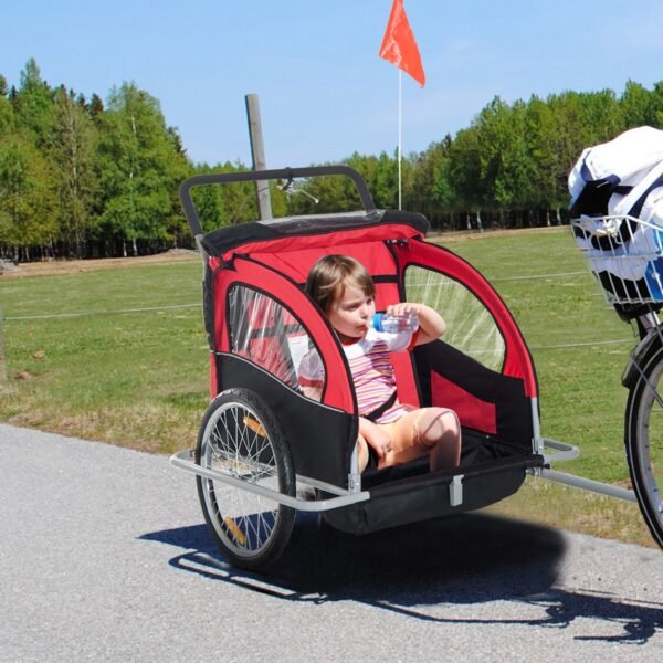Aosom Elite Red 3-Wheel Bicycle Trailer for Kids, Safe Two-Child Carrier with Ample Storage & Safety Harnesses