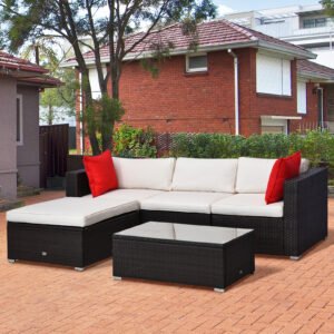 Outsunny 5-Piece Deluxe Rattan Outdoor Patio Furniture Set, Sectional Wicker Couch with Coffee Table - Cream White | Aosom.com