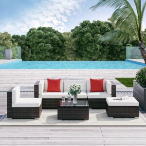 Outsunny 6-Piece White Rattan Couch Set, Outdoor Patio Wicker Furniture with Removable Cushions & Glass Coffee Table | Aosom.com