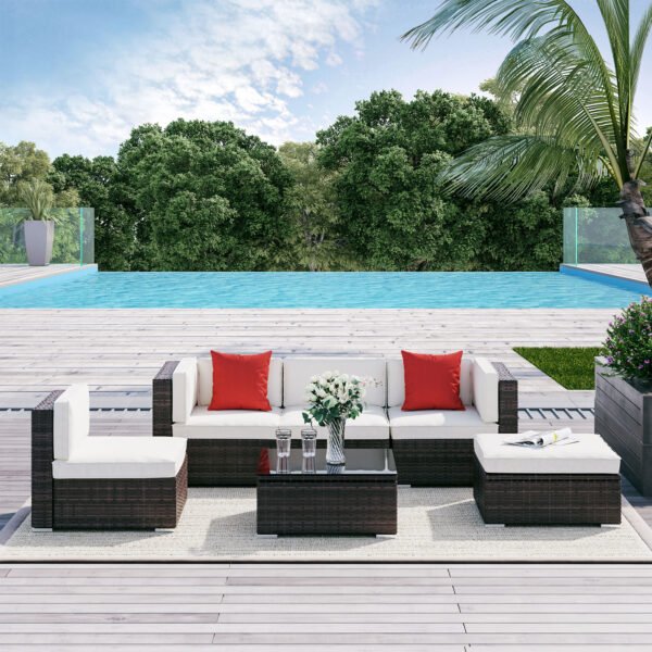 Outsunny 6-Piece White Rattan Couch Set, Outdoor Patio Wicker Furniture with Removable Cushions & Glass Coffee Table | Aosom.com
