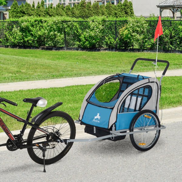 Aosom Elite Two-Wheel Bicycle Cargo Trailer for Two Children with 2 Security Harnesses & Storage, Blue